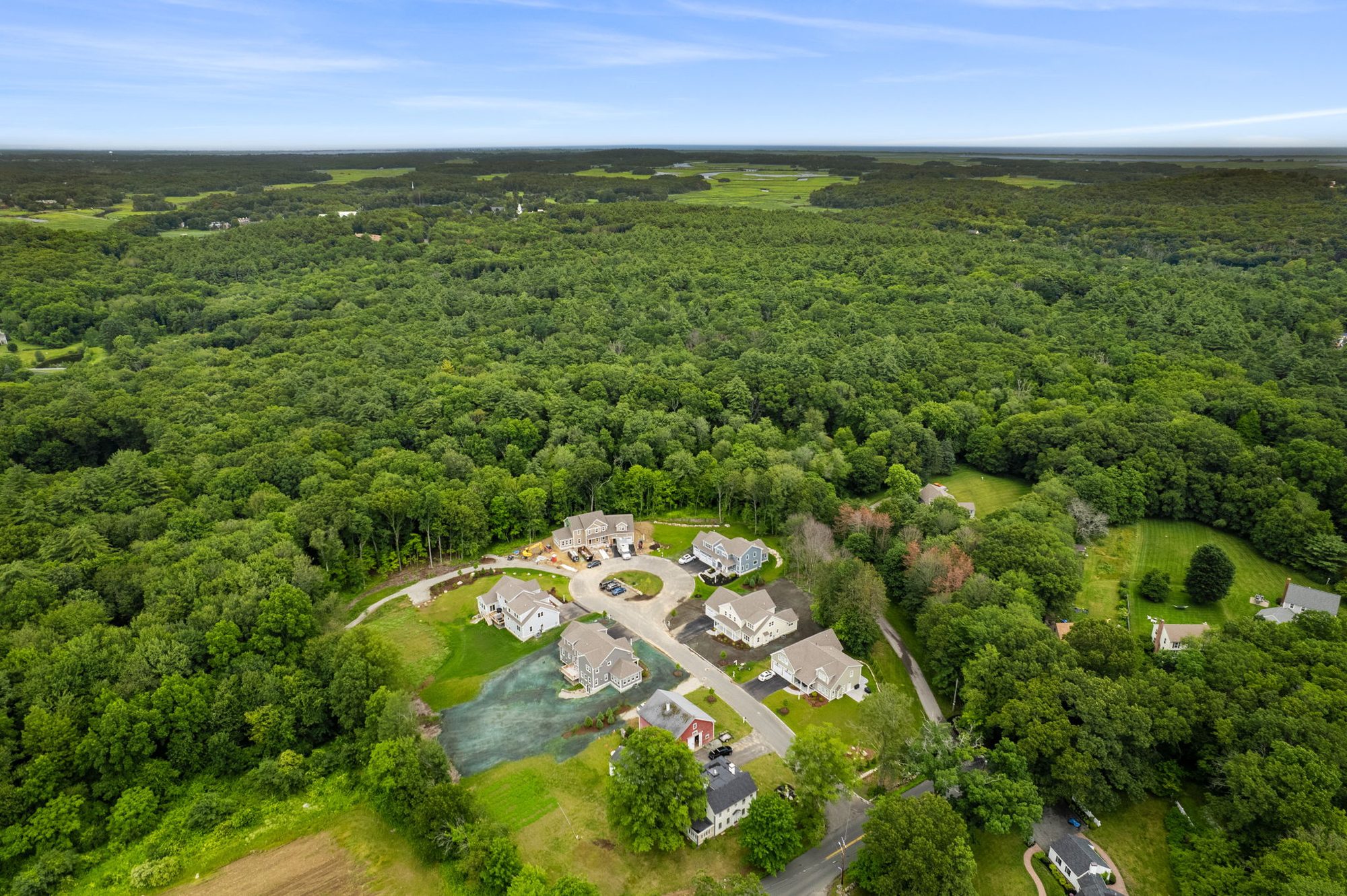 Aerial view of Fieldstone Village — a Zendko craftsman community in Byfield, Newbury MA