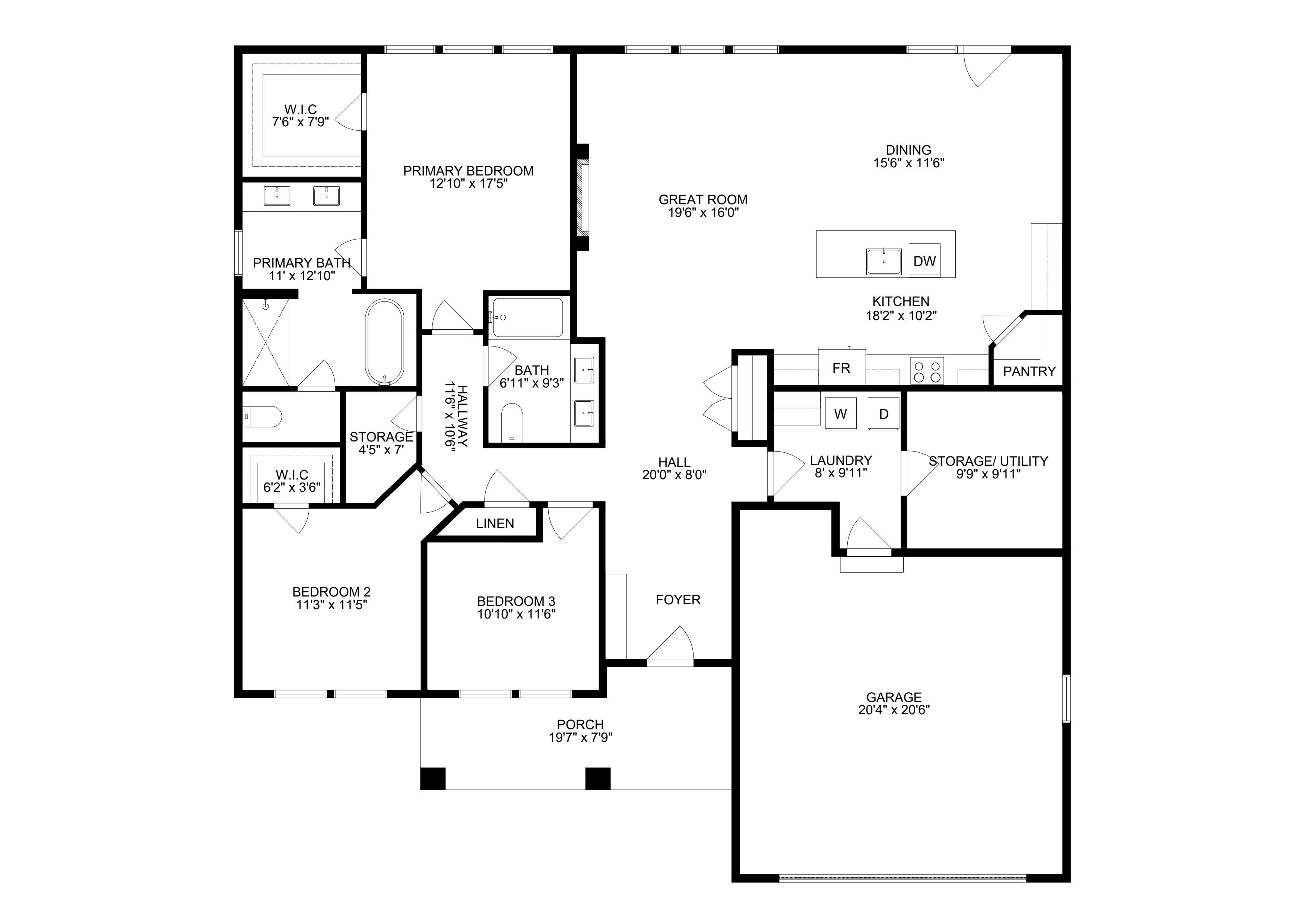 Willow Run 3-bedroom floor plan — 1,972 sq ft single-level home with 3 bedrooms, 2 bathrooms, an expanded primary suite with dual walk-in closets, great room, kitchen, and 2-car garage