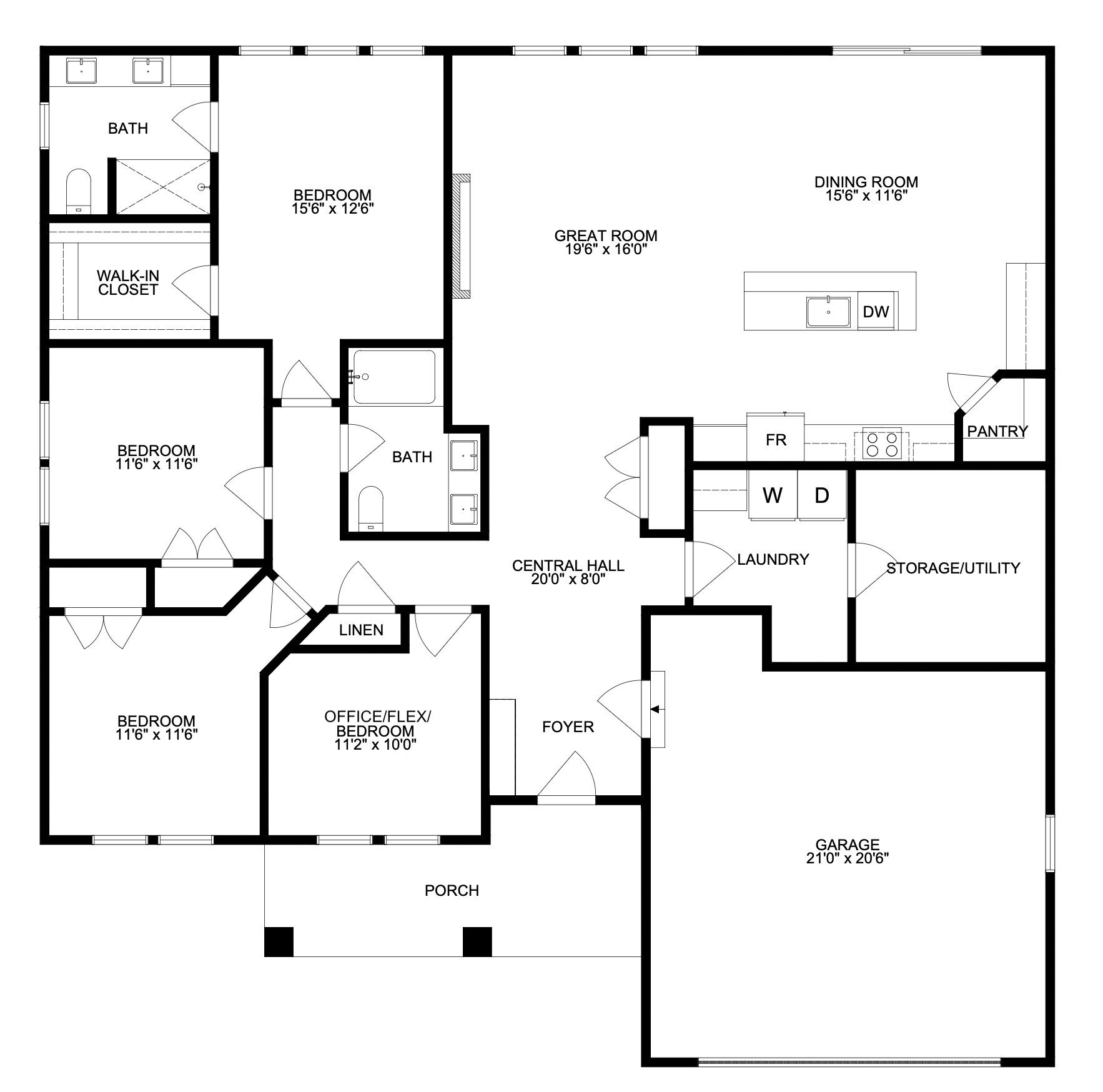 Willow Run floor plan — 1,972 sq ft single-level home with 4 bedrooms, 2 bathrooms, central great room with kitchen and dining, 2-car garage