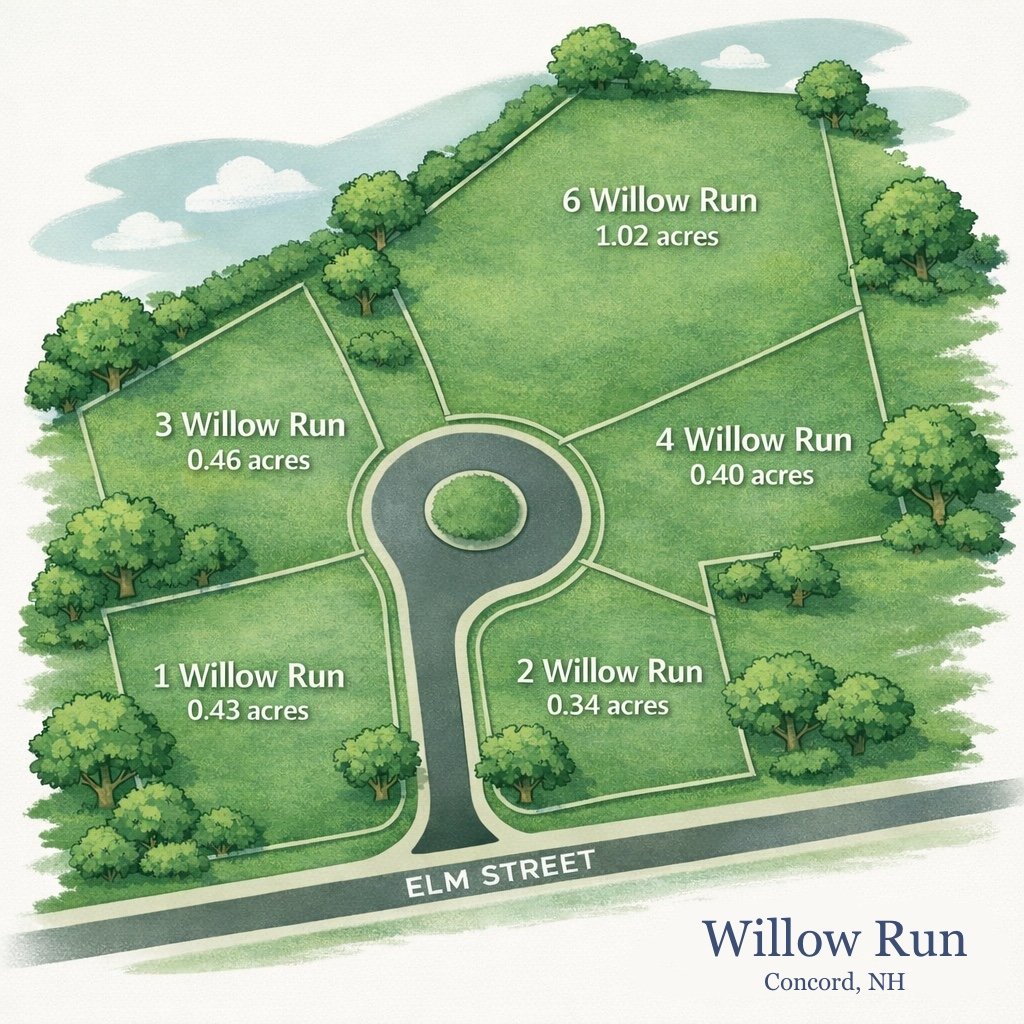 Willow Run lot map showing all 5 parcels around the cul-de-sac off Elm Street