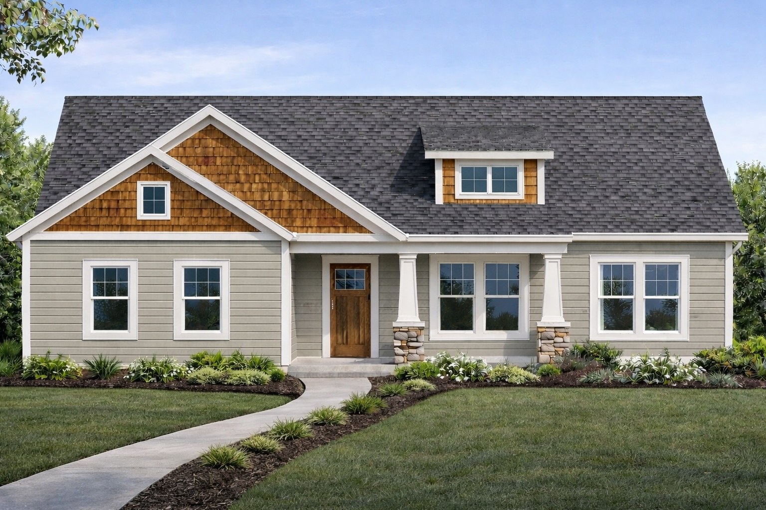 2 Willow Run rendering — sage green with side-load garage