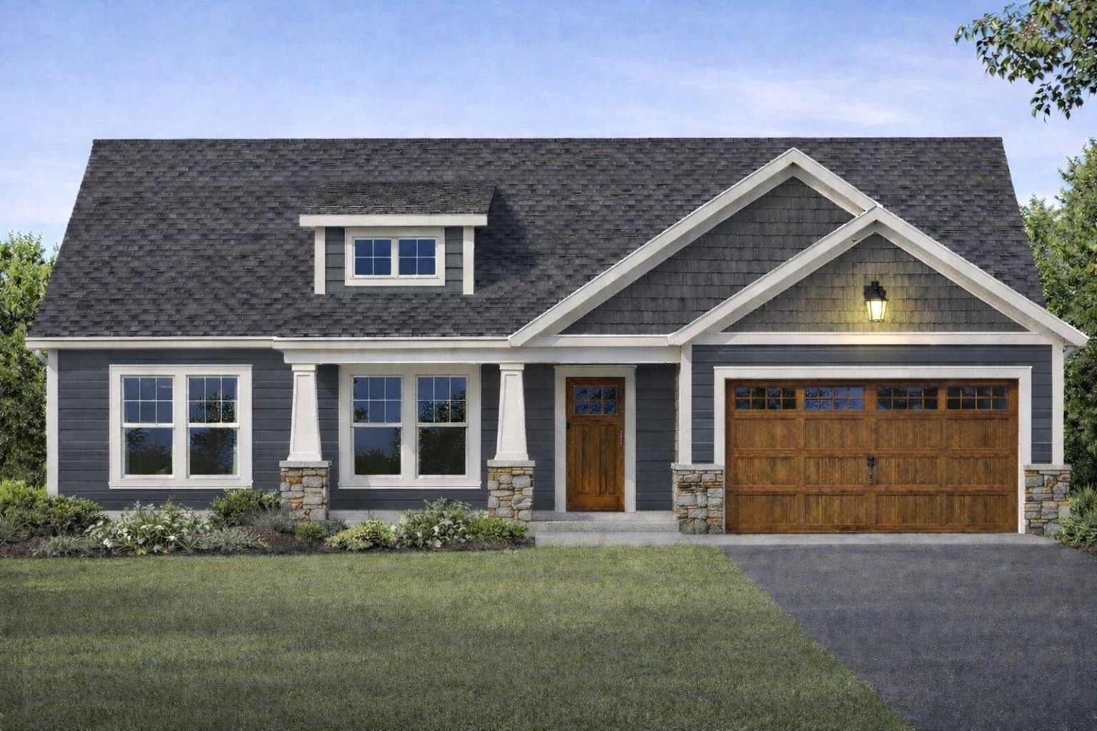 4 Willow Run rendering — gray-blue with stone columns