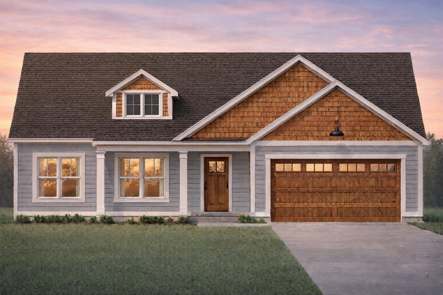 6 Willow Run rendering — light blue with cedar shake at sunset